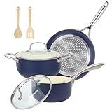 M MELENTA Pots and Pans Set, 7 Piece Nonstick Ceramic Cookware Set, Kitchen Induction Cookware Sets, Pots and Pans Non Stick with Oven Safe Handle, 100% PFOA Free, Blue