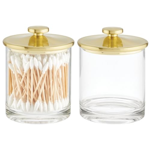 mDesign Small Modern Apothecary Storage Organizer Canister Jars - Acrylic Containers for Bathroom, Organization Holder for Vanity, Counter, Makeup Table, Lumiere Collection, 2 Pack, Clear/Soft Brass