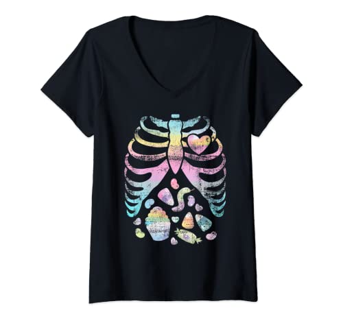 Mujer Regalo de esqueleto gótico pastel de Halloween Camiseta Cuello V