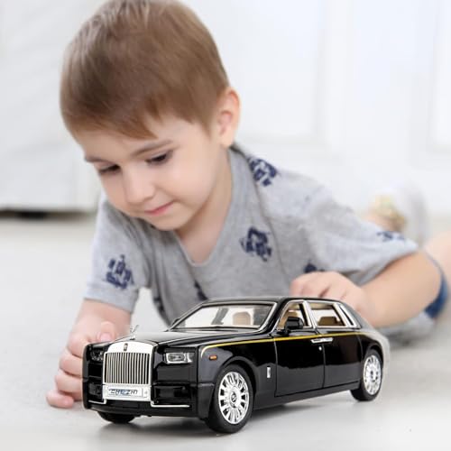 Image of WORSHIPER Model Car Zinc Alloy Pull Back Toy Diecast Toy Cars with Openable Doors, Sound and Light for Kids Boy Girl Gift (1:24 Rolls-Royce Phantom(Black-Black))