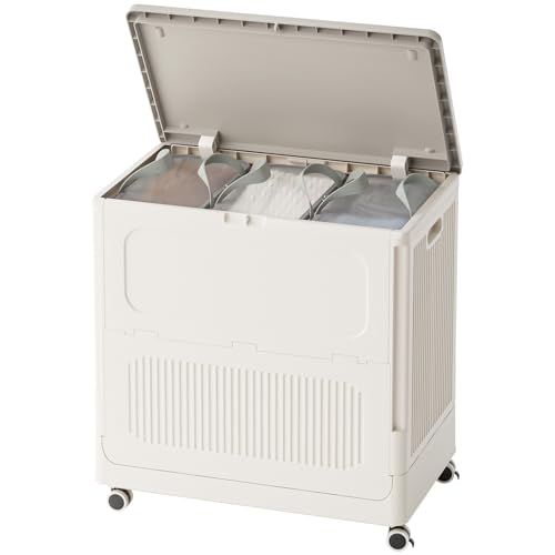 Image of HAIXIN HOME 130L Plastic Laundry Hamper with 3 Soft Bags, Foldable Rolling Clothes Laundry Basket with Lid for Bedroom, Bathroom, Dorm, Heavy Duty Clothes Organizer with Wheels for Bedding, Blankets