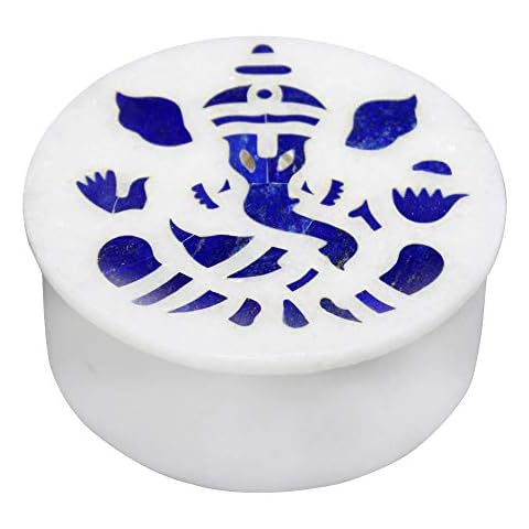 Queenza Marble Jewelry Box, Gifts for Women & Girls - Lapis Lazuli Inlay Lord Ganesha Art - 4 Inch Round Exquisite Valentine Gifts for Her Cover