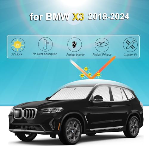 Image of KMF 10pcs Thickened Sun Shade for BMW X3 2018-2024, Full Set Window Covers for Windshield Side & Rear, Double-Sided Silver & Black, UV Heat Block Sun Visor, Privacy & Blackout for Car Camping