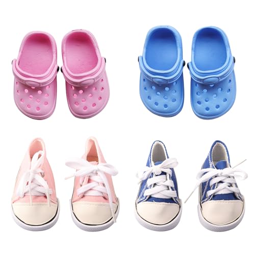 4 Paar Puppen Schuhe Zubehör Set 14-18 Zoll Bunte Puppenzubehör mit 2 Paar Leinenschuhe 2 Paar Sandalen 35-45cm Puppe Zubehör für Baby Puppen Geschenk für Mädchen - Rosa Blau Rosenrot