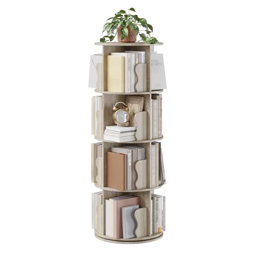 GarveeHome 4 Tier Rotating Bookshelf Tower, Spinning Corner Bookshelf for Small Spaces, Revolving 360° Bookcase Storage Rack Tower, Vertical Rotate Turning Spiral Wood Book Shelf Organizer, Natural