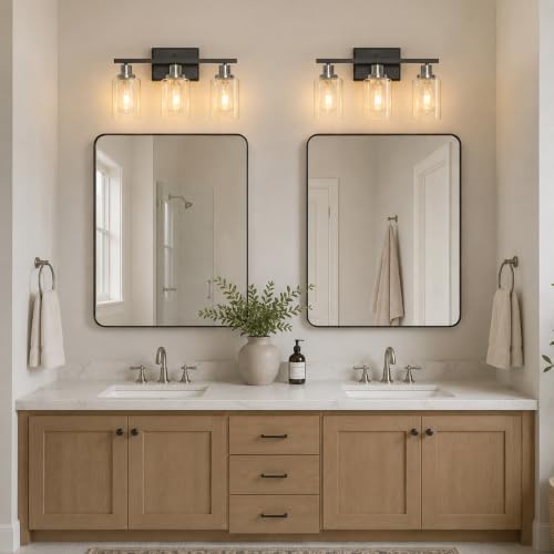 Image of Ascher Bathroom Vanity Light Fixtures, 3 Light Wall Sconces Lighting with Clear Glass Shade, Black and Brushed Nickel Wall Lights for Mirror, Kitchen, Living Room, E26 Base (Bulbs Not Included)