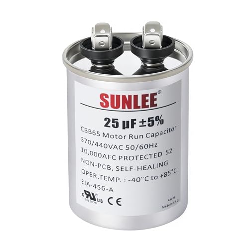 SUNLEE UL Recognized 25 uF (25 MFD) 370/440 VAC CBB65 Run Capacitor, 50/60 Hz, Reliable Replacement for AC Condenser Fan Motor, Heat Pump or Pool Pump