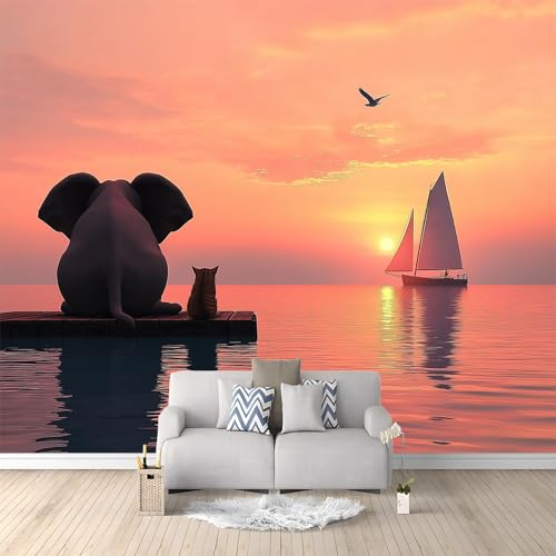 Fotomurales Puesta De Sol Velero Elefante Gato 250x175 cm Papel Tapiz Fotográfico no tejido 3D Moderna Fondo De Pantalla Mural Decoración De Pared Sala Cuarto Oficina Salón