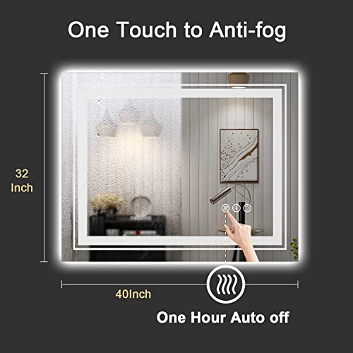 LED Bathroom Mirror, 40"x32" with Front and Backlit, Anti-Fog, Bathroom Vanity Mirror for Wall, Memory Function, Stepless Dimmable, Tempered Glass (Horizontal/Vertical)