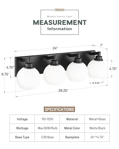 Image of Bathroom Light Fixtures, 4 Light Matte Black Vanity Light, 26 Inch Modern Wall Sconces with Globe Milk White Glass Shade, Vanity Lighting Fixtures Over Mirror, VL195-MB-ML-4