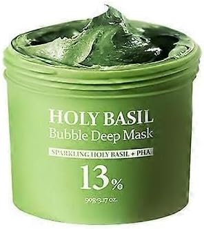 Holy Basil Bubble Deep Mask, Holy Basil & Carbonated Water for Cleansing Pores & Blackheads, Green Tea Blackhead Remover, Bubble Wash-Off Pack