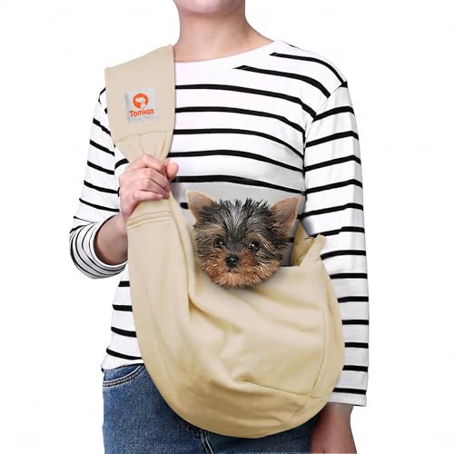Image of Tomkas Small Dog Sling Carrier - Zipper Pocket & Adjustable Strap - for 3-10 lbs Pets(Cream)