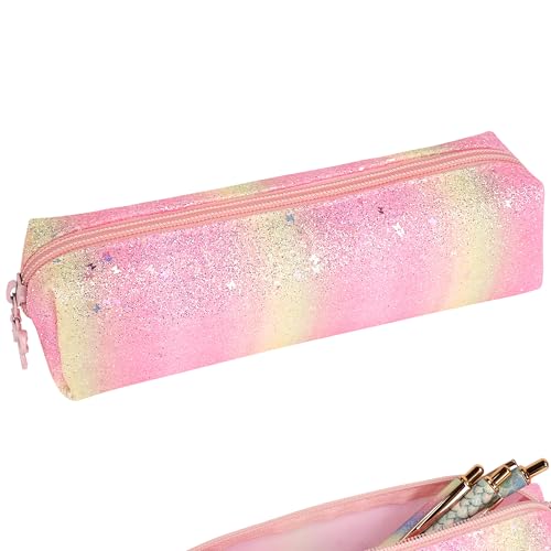 Image of Pencil Pouch Glitter, Pencil Case, Portable Pen Bag with Zipper, Storage Bag, Travel Accessories Bags, Makeup Brush Holder, for Study and Daily Work (1Pcs Pink yellow)