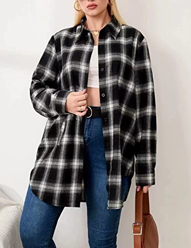 Image of HangNiFang Womens Flannel Plaid Shirts Oversized Button Shirts Blouse Tops