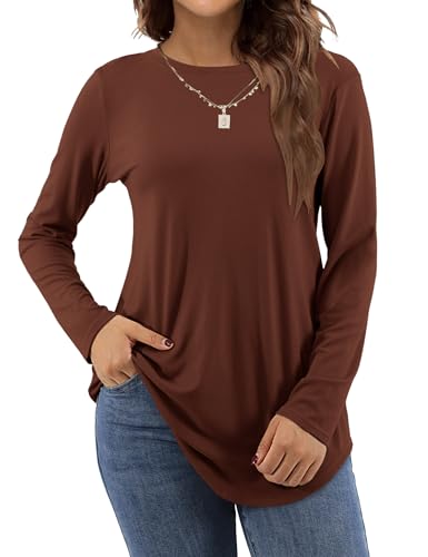 Amoretu Ladies Long Sleeve Tunic Tops Fall Round Neck Long Tshirts, Caramel XL