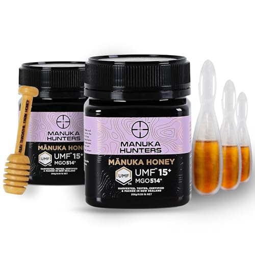 Image of Manuka Honey UMF 15+ (MGO 514+) 250g x 2 | 100% Pure Raw Organic New Zealand Manuka Honey With Wooden Dipper & 3x15g Multiflora Spoon Pack | UMF Certified High MGO | Supports Immunity, Gut Health & Healing