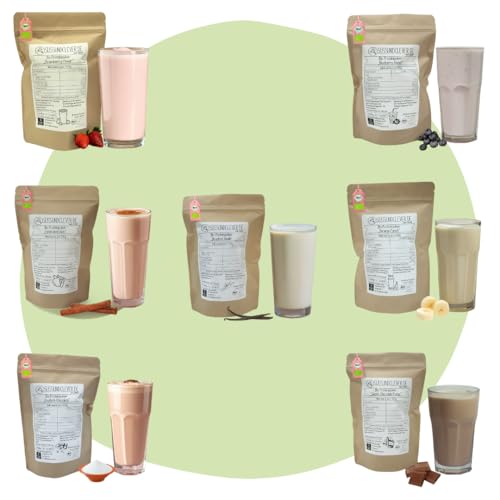 süssundclever.de® Bio Probierset Proteinpulver 'Veggie-7' | 700g (7 x 100g) | 52-60g Protein | Schokolade, Erdbeere, Vanille, Blaubeere, Apfel-Zimt & Banane | vegan | ohne Zuckerzusatz oder Aromen