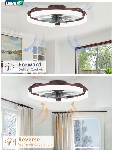 Image of LEDIARY 20 inch Ceiling Fans with Lights and Remote, Modern Low Profile Ceiling Fan, 3 CCT, Stepless Dimmable, Fandelier Flush Mount Fan Light, 6 Speeds, DC Motor, App & Remote Control for Bedroom(Brown)