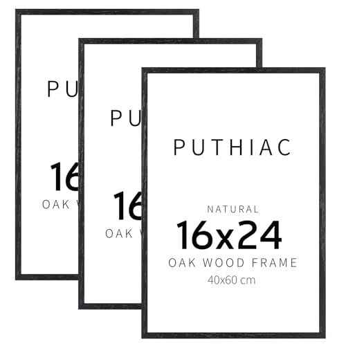 puthiac 16x24 Black Oak Wood Picture Frame - Minimalist 16x24 Poster Frame, 16"x24" Frame Wood, Natural Solid Wooden Picture Frames for Wall Art Photo and Prints (3 Pack, Black)