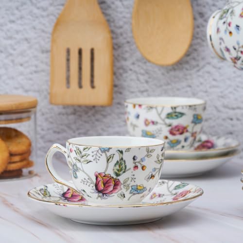 Image of GOLDEN QUEEN'S Cup & Saucer Set | Perfect for Hosting & for Tea /Coffee Lovers | Handcrafted in India, Inspired by Florals & 24-Carat Gold Rim | 6 Cups & 6 Saucers |170 ml - Pink Shrub