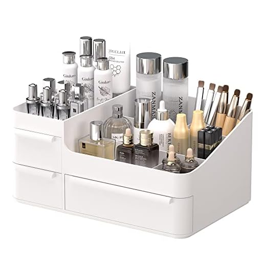 Makeup Organizer for Vanity, Desk Countertop Organizer with Drawers, Bathroom and Bedroom Cosmetics Display Case for Brushes, Lipsticks, Jewelry, Nail Care, Skincare (White)