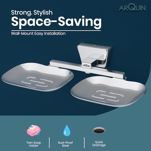 Image of ARQUIN ARQUIN Twin Soap Dish for Bathroom | Dual Soap Holder Bathroom Accessories Set | 304 Grade Stainless Steel Soap Dish | Soap Stand | Drainage Slots Soap Stand for Washbasin Aqua(Chrome)