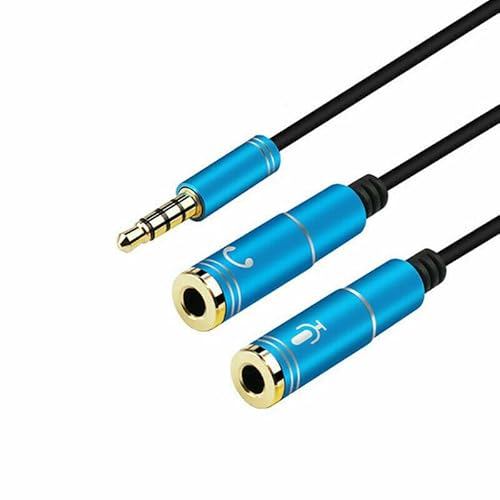 Multibao Blue 25cm 3.5mm Y Splitter 1 Jack Male to 2 Female Mic Headphone Audio Adapter Cable Compatible with PS4,Laptop,Gaming Headset,Phone
