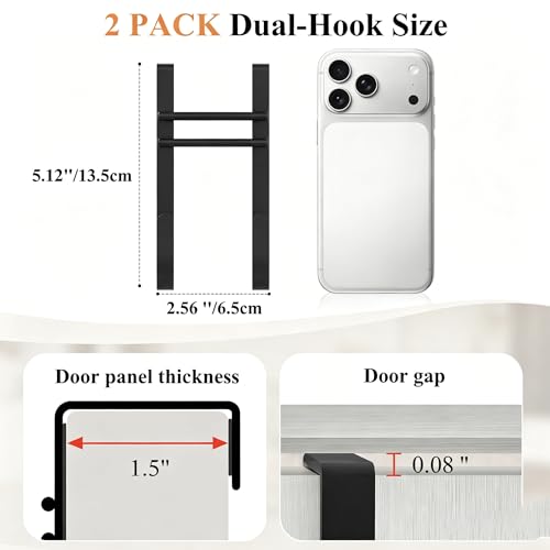 FYY Over the Door Hooks, No Assembly Required 2 PCS Double Hanger Heavy Duty Metal Towel Rack with Soft Pads, Organizer for Coat, Bag, Robe-Fits Bathroom, Closet Dorm Up to 1 1/2", 5.11" Long, Black — view 4