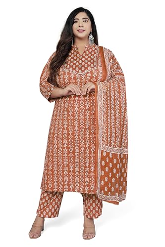 Image of MIRCHI FASHION Pure Cotton Plus Size Straight Kurta Set with Dupatta | 3 Piece Summer Ethnic Kurta Pant Set | Office Wear Salwar Suit for Women