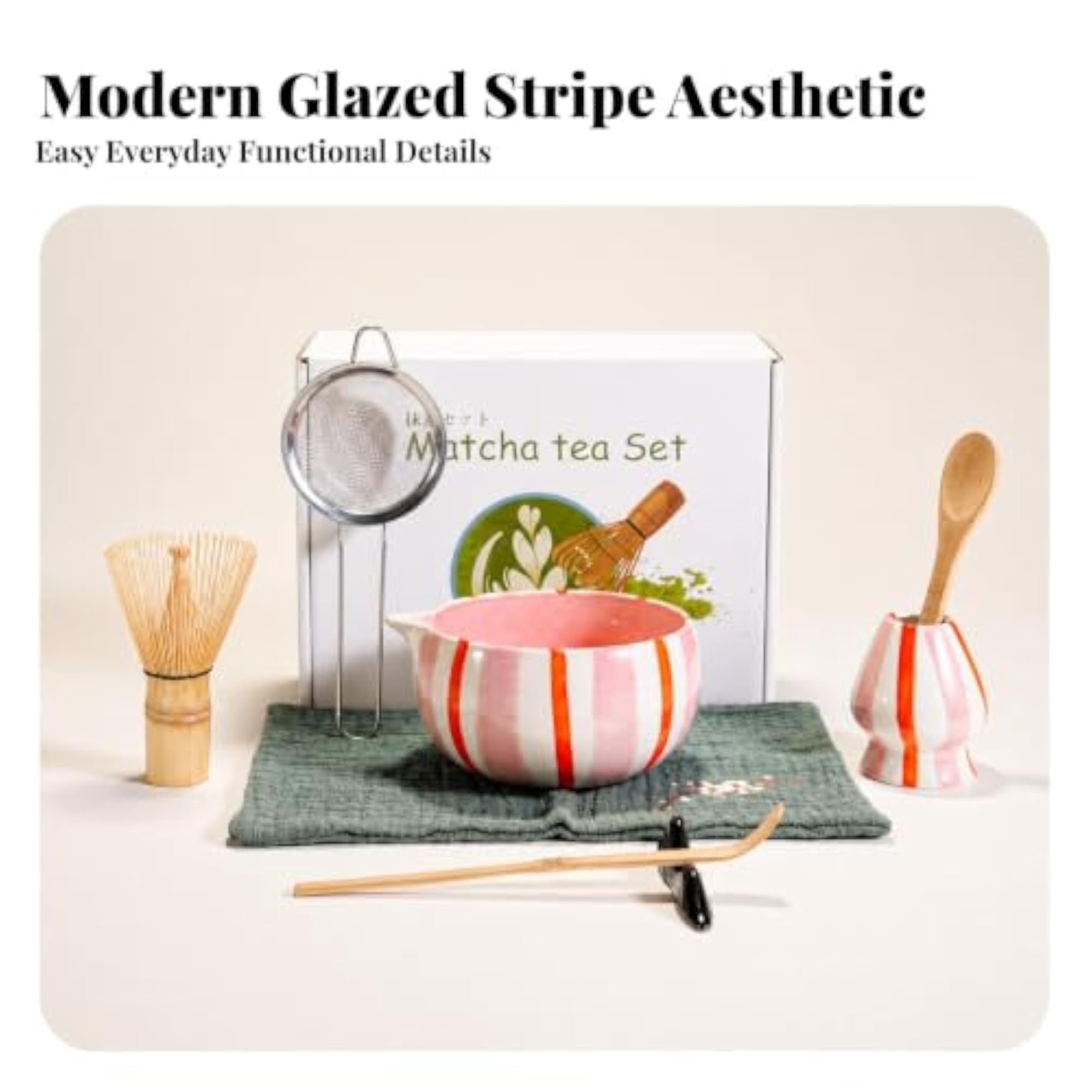 8 Pieces Matcha Whisk Set with Bowl, Glossy Glazed Ceramic