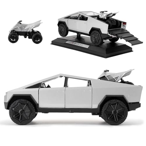 TGRCM-CZ 1/32 Tesla Cybertruck Eléctrico Camión Camión Modelo Coche Con Una Motocicleta, Aleación de Zinc Pull Back Coche de Juguete con Sonido y Luz para Niños Niños Niñas Regalo (Plateado)