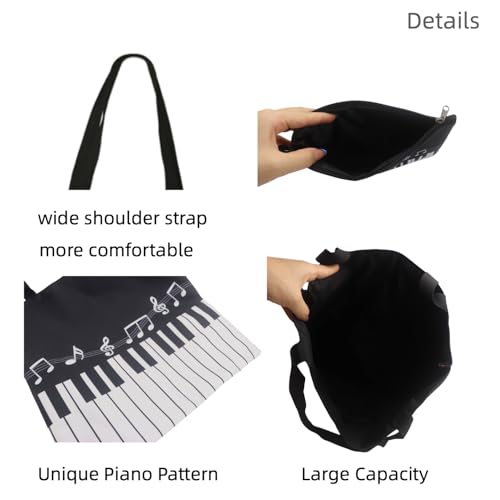 Bolso tote de lona con diseño de teclas de piano y notas musicales, con bolsa complementaria – Conjunto reutilizable para amantes de la música, accesorios de almacenamiento para profesores, negro y blanco miniatura 5