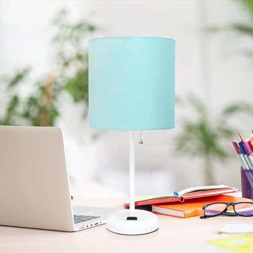 Simple Designs LT2024-AOW-2PK Two Pack White Stick Table Desk Lamp Set with Charging Outlet and Drum Fabric Shade for Living Room, Hallway, Nightstand, Office, Aqua Shade - Thumbnail 6