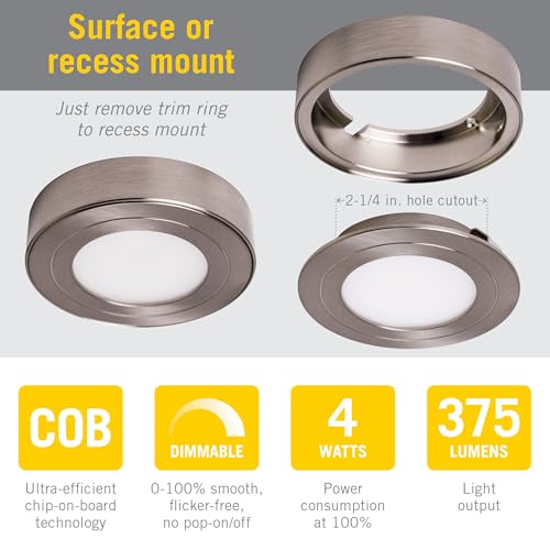 Image of Armacost Lighting PureVue LED Puck Light, Brushed Steel, 5000K, 253411 | Dimmable, Under Cabinet, 2.75 Inch Diameter, Hardwired, Low Voltage, Daylight White Light