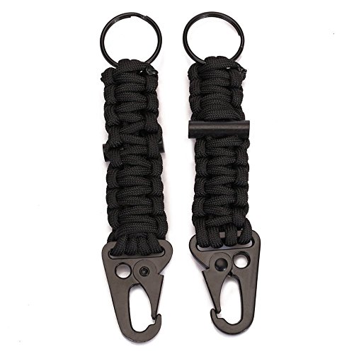 EKLOEN 2 Pack Paracord Carabiner Survival Keychain Lanyard with Firestarter (Black)