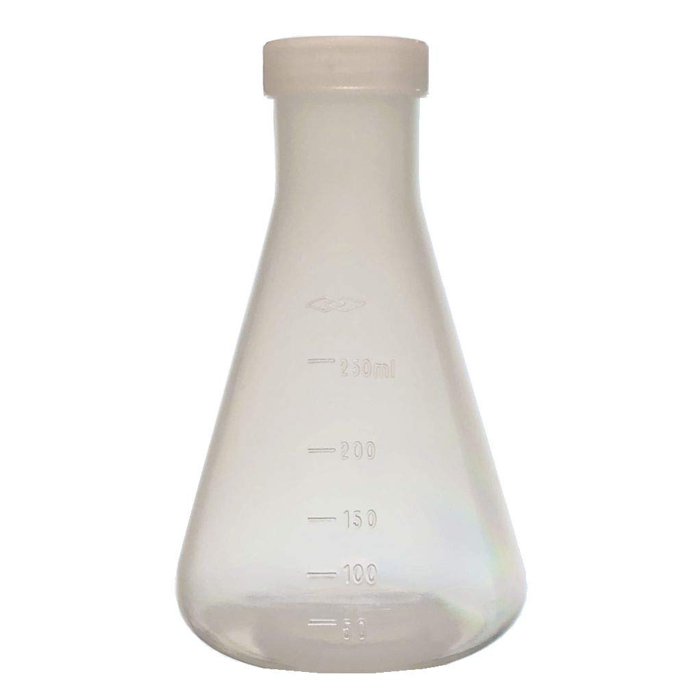 250ml Plastic Erlenmeyer Flask with Screw Cap, Polypropylene, Molded Graduations, Karter Scientific (Case of 12)