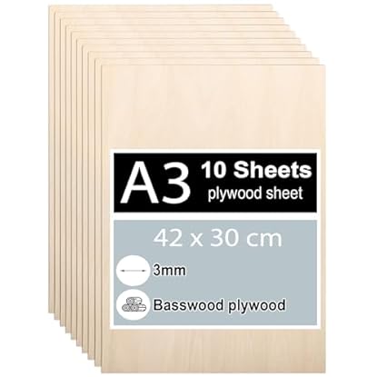 Foto di 10 pezzi Compensato 3mm, Legno Compensato di Tiglio A4 42 x 30 cm, Fogli di Compensato, Fogli di Legno Sottili per Modellare, Pannelli Taglio Laser, Pirografia