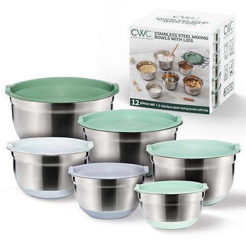 COOK WITH COLOR Stainless Steel Mixing Bowls Set with Lids - Nesting Bowls with Non-Slip Bottom, Sage, 12 Pieces