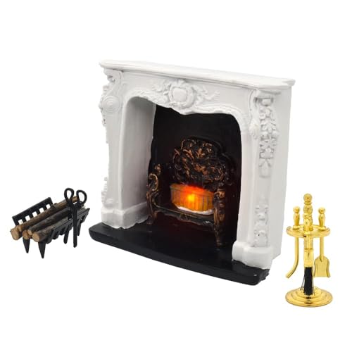 iLAND Dollhouse Furniture and Accessories of Dollhouse Fireplace on 1/12 Scale w/Fire Light & Fireplace Tools & Tong & Firewood Rack (Rococo 4pcs)