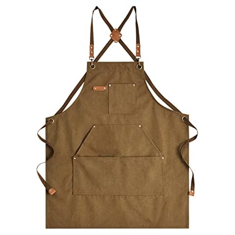 Aoomzoon Canvas Aprons for Men Chef Apron, Work Apron with Large Pockets - Durable 16oz Heavy Duty Cross Back, BBQ, Cooking (Brown, 1 Pack) Cover