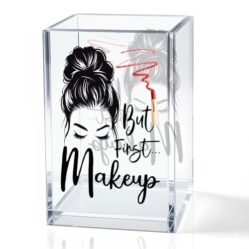 Image of But First Makeup Acrylic Cosmetic Holder, Funny Makeup Brush Holder Gifts for Cosmetologist Women Girls, Bathroom Vanity Storage for Make up Brushes, Birthday Gifts for Daughter Niece Sister