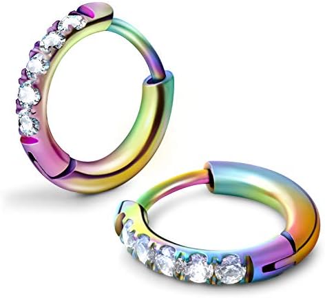 6MM Stainless Steel Tiny Cartilege Cubic Zirconia Hoop Earrings for Women Men Mini Helix Daith Lobe Hole Hinged Piercing Earrings Sleeper Hypoallergenic - Rainbow