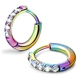 Pendientes de aro hipoalergénicos unisex de acero quirúrgico con circonita cúbica, color dorado, plata, oro rosa, negro, arcoíris, tamaño 6 mm - 12 mm, seguros para orejas sensibles, 6mm, 8mm, 10mm,