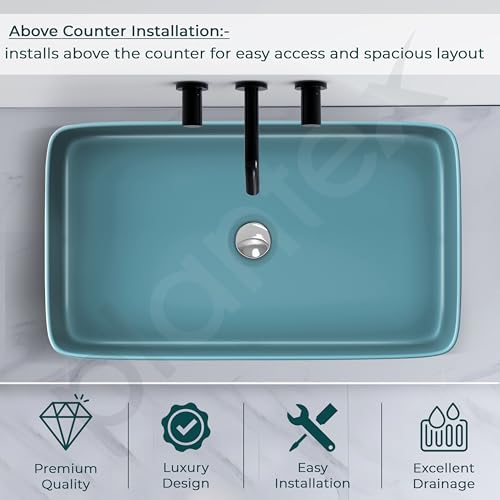 Image of Plantex Ceramic Designer Washbasin for Bathroom /Countertop Bathroom Basin /Rectangle Tabletop Wash Basin for Restaurant /Hotel (Harmony Blue - 26 x 15 x 5 Inch)