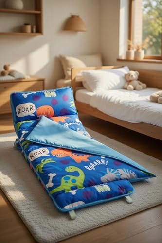 Image of EVERYDAY KIDS Nap Mat with Removable Pillow - Roarin' Dinos - Carry Handle with Straps Closure, Rollup Design, Soft Microfiber for Preschool, Daycare, Travel Sleeping Bag - Ages 3-6 Years