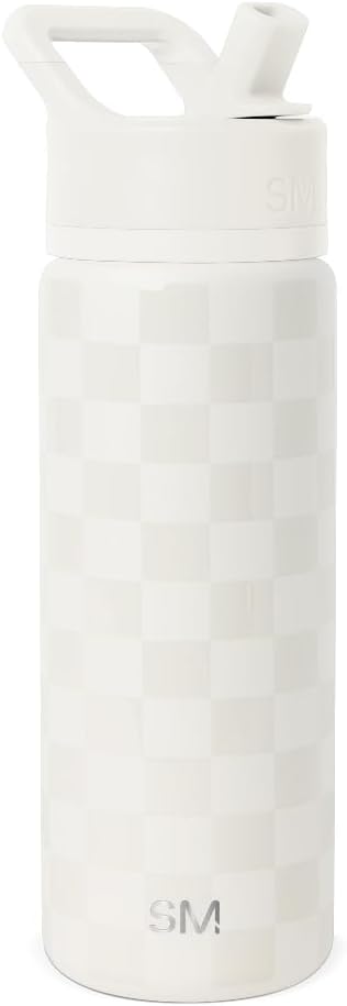 Botella de agua aislada moderna y sencilla con pajita | 18 onzas | A cuadros | Botellas de agua de acero inoxidable Summit, taza de metal | A prueba de fugas para escuela, gimnasio, viajes, deportes | Jaque mate crema