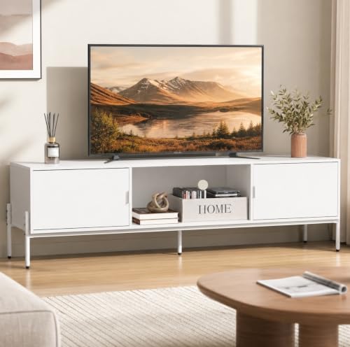 WLIVE 58" TV Stand for 65 Inch TVs, Mid Century Modern Entertainment Center with 2 Storage Cabinets & Open Shelf, Media Console Table with Metal Legs for Living Room, Bedroom, White