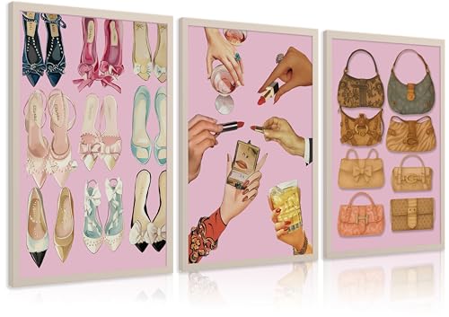 Pink Fashion Girly Wall Art Vintage Heels Handbags and Lipstick Poster Trendy Makeup Room Decor Pictures Coquette Preppy Aesthetic Painting Print Artwork for Girls Women Dressing Room Dorm, Unframed