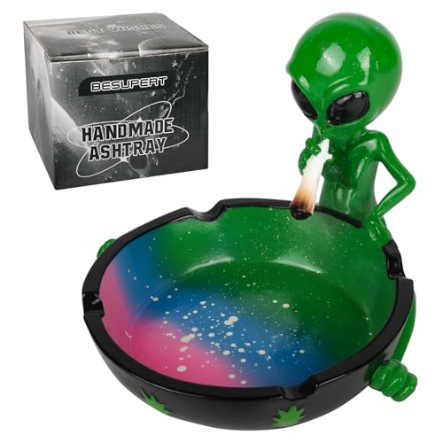 Ashtray, Cute Cool Hand-Painted Resin Ash Tray for Cigarettes and Cigar, Must Haves Funny Fantasy Home Decor Christmas Gift for Smoker, Tabletop Ornament for Indoor Outdoor Patio Use (New Green Pink)