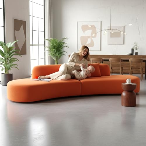 Image of Container Furniture Direct Belmont 132 inch Curved Sofa with Throw Pillows, 6 Seater Luxury Velvet Couch with Half Moon Design and High-Density Foam, Ideal for Living Room, Office & Apartment, Red Orange